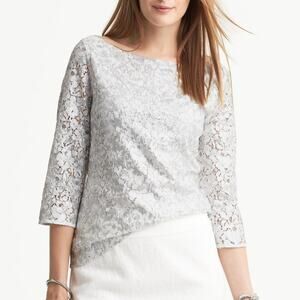 Banana Republic NWT PETITE Silver Sequin White Lace Jewel Neck 3/4 Sleeve Top
